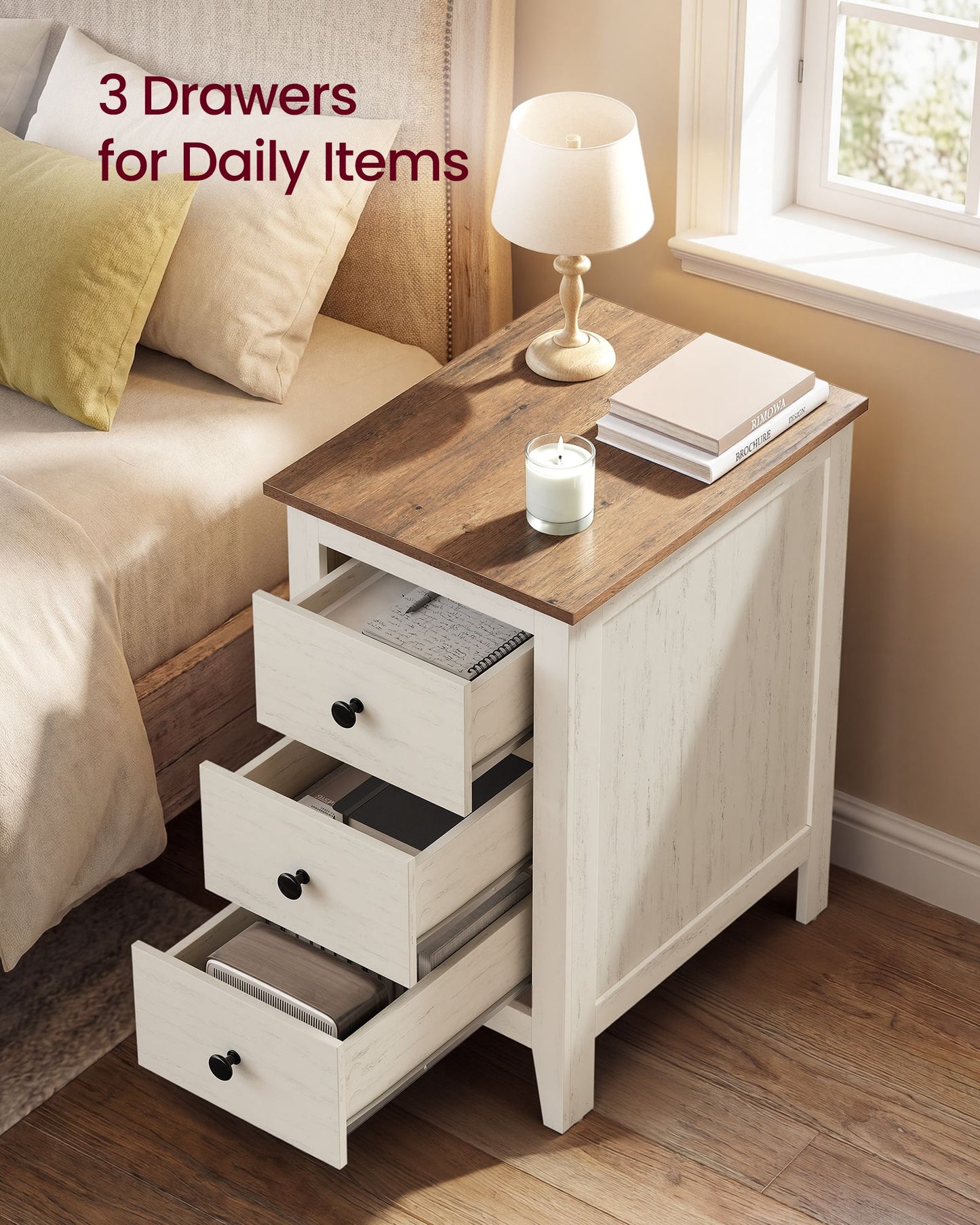 VASAGLE Farmhouse Side Table with 3 Drawers Rustic White Honey Brown – Cloud White and Warm Brown