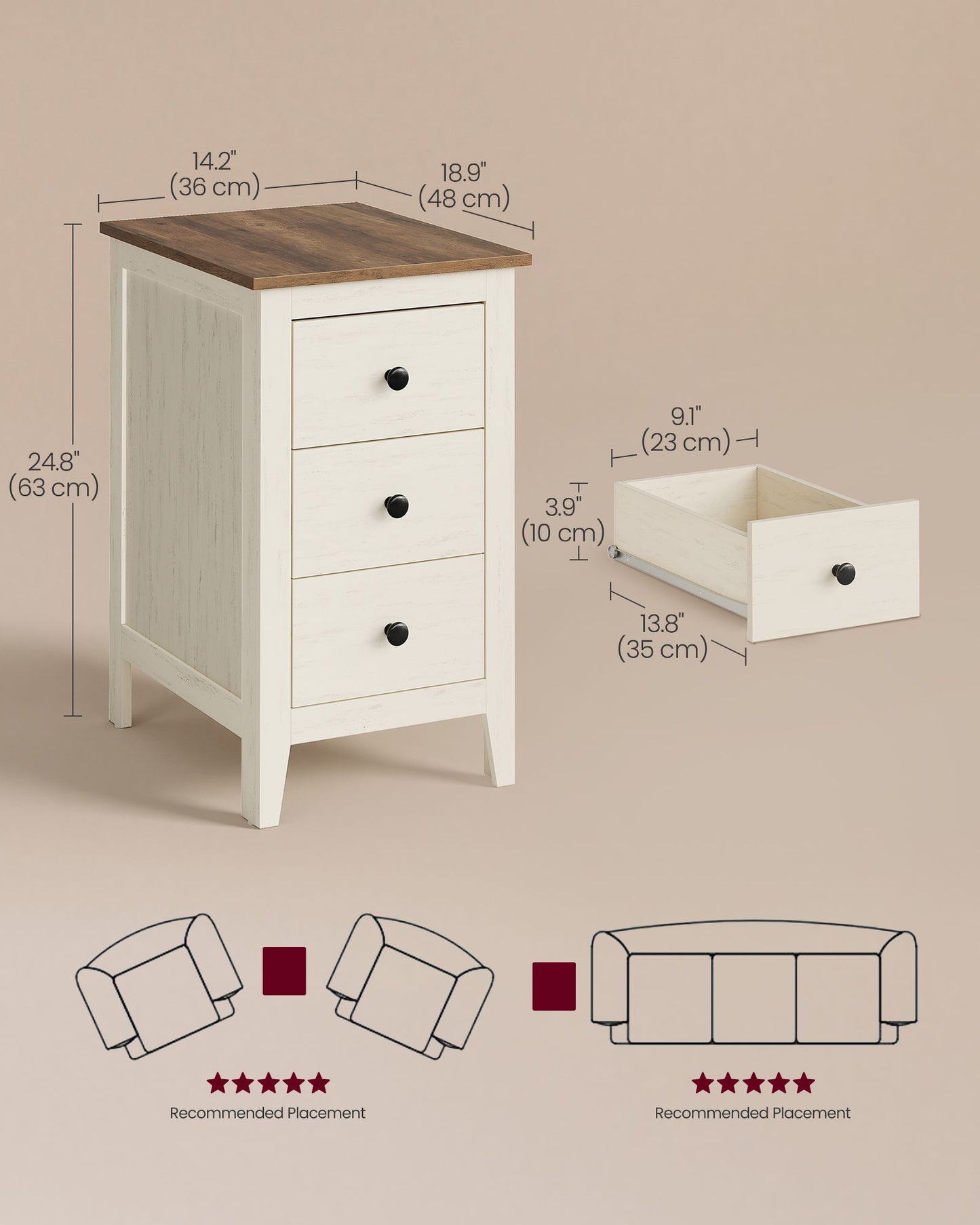 VASAGLE Farmhouse Side Table with 3 Drawers Rustic White Honey Brown – Cloud White and Warm Brown