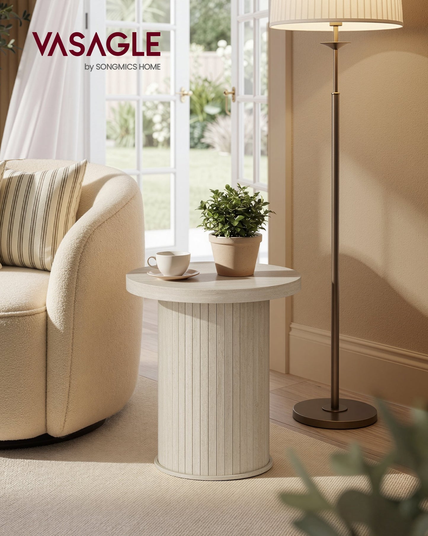 VASAGLE Round Side Table – Travertine Beige