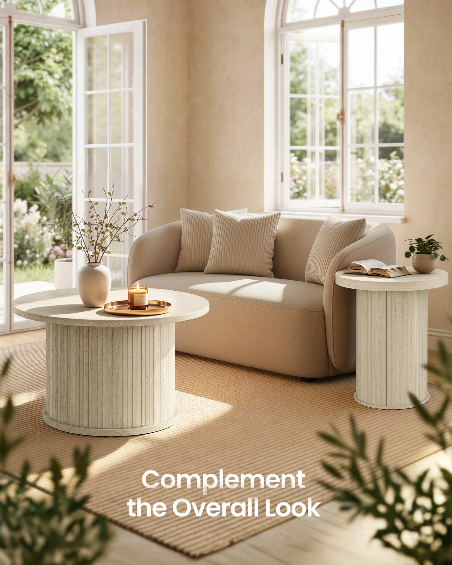 VASAGLE Round Side Table – Travertine Beige
