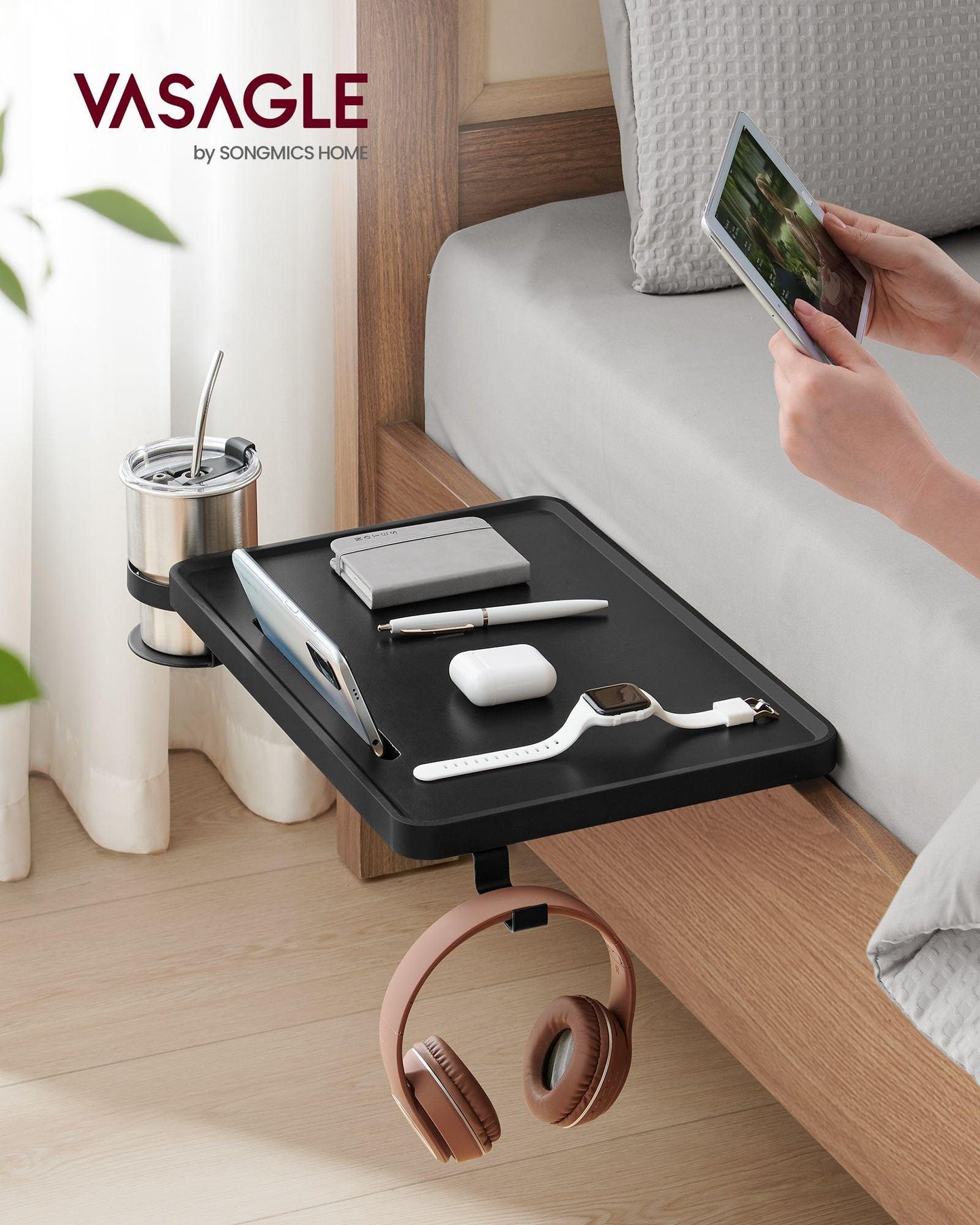 Bedside Shelf with Phone Slot, Cup Holder and Hook Ink Black