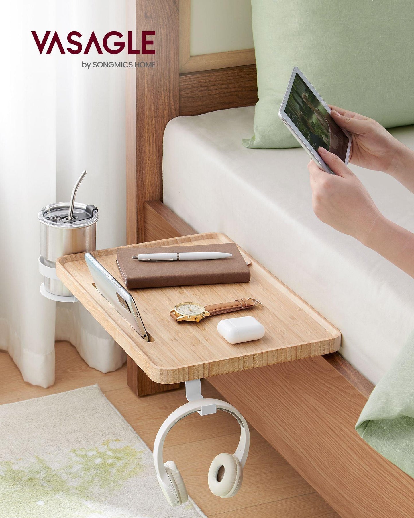 Bedside Shelf with Phone Slot, Cup Holder and Hook Natural Beige