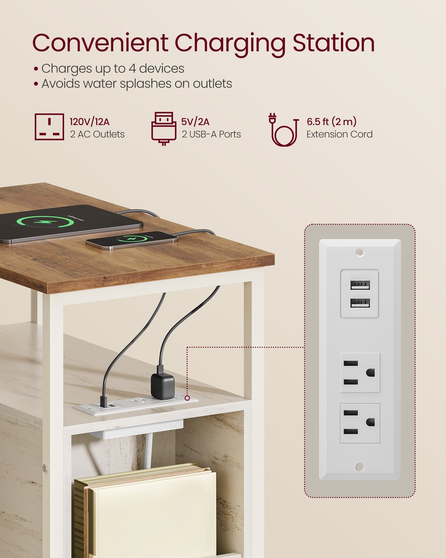 VASAGLE Side End Table with Charging Station – Honey Brown, Rustic White