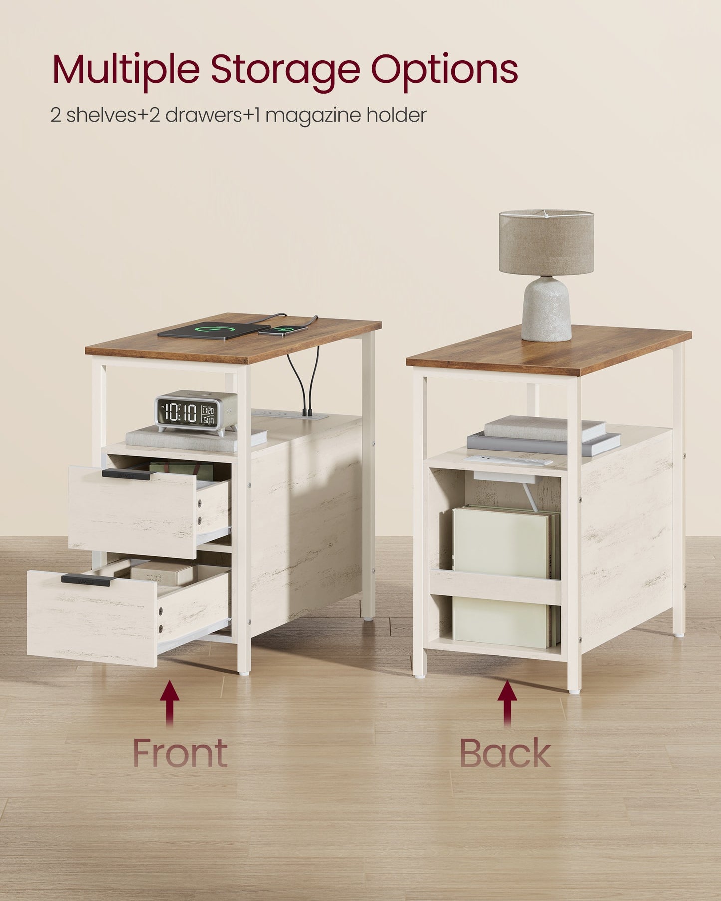VASAGLE Side End Table with Charging Station – Honey Brown, Rustic White