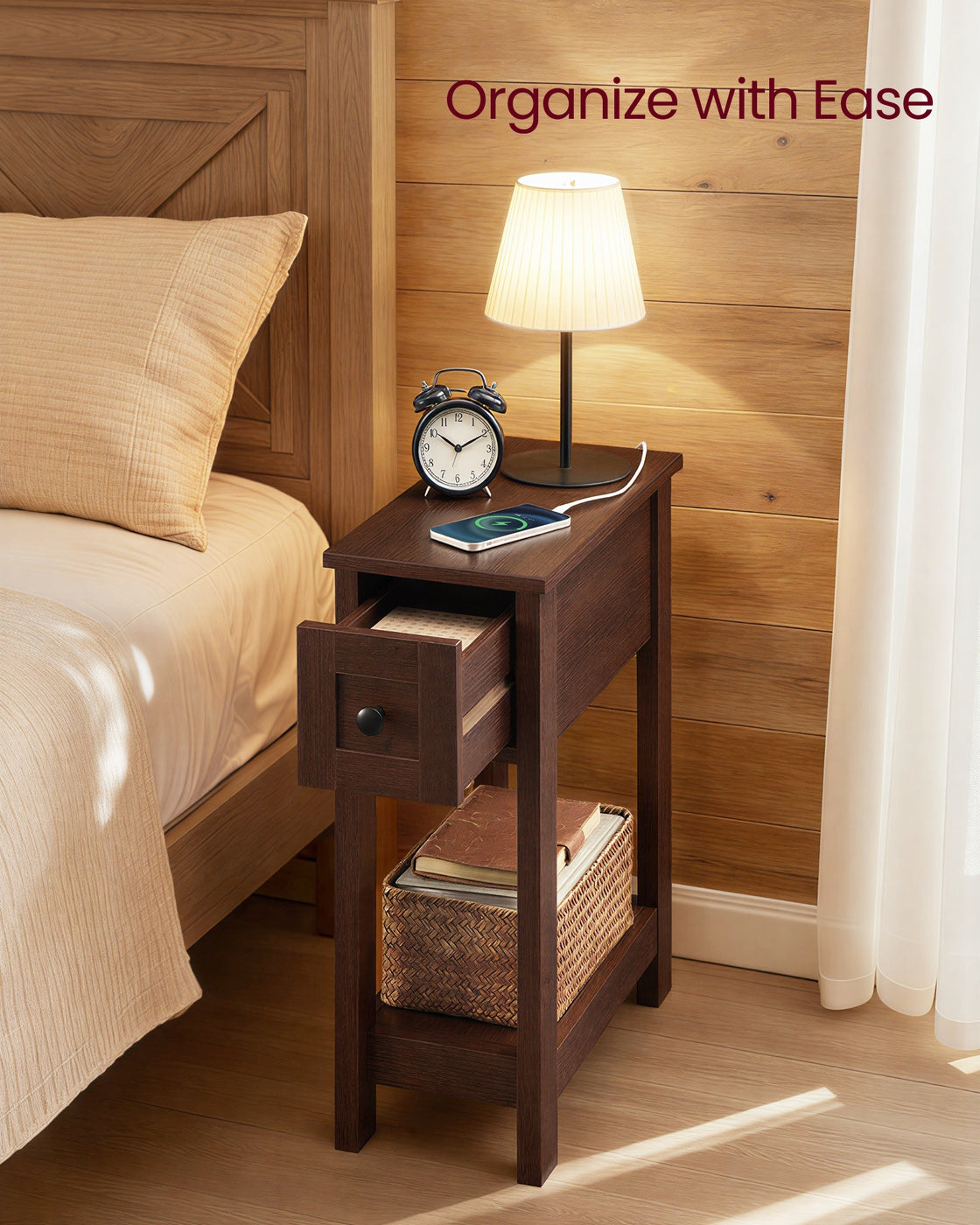 VASAGLE Farmhouse End Table with Storage Drawer, Saddle Brown
