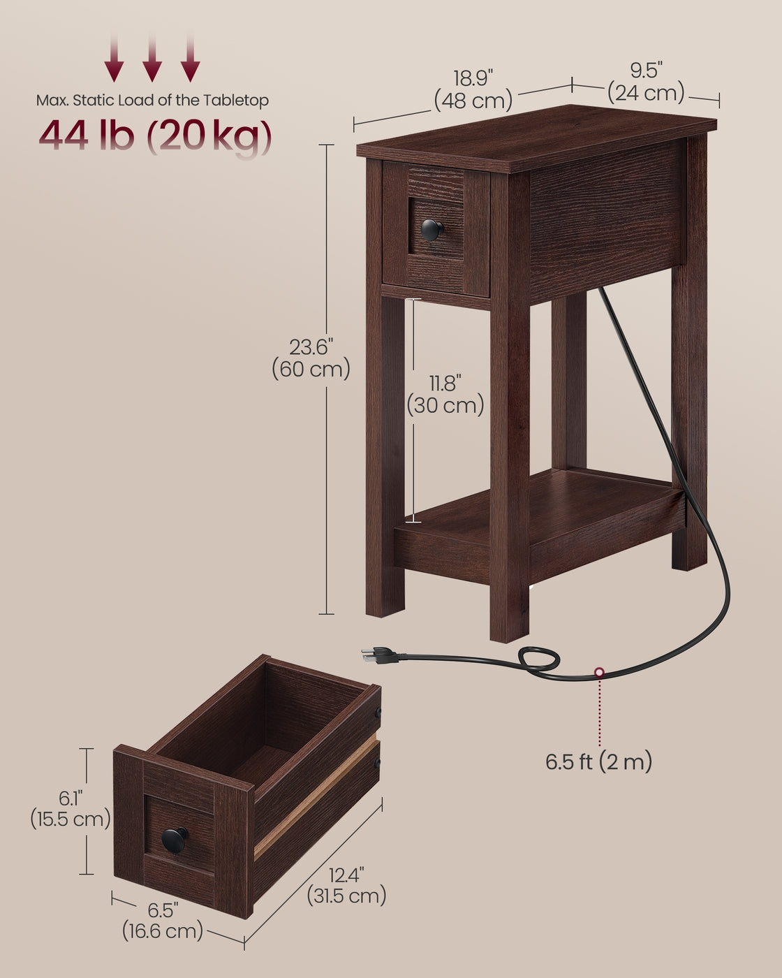 VASAGLE Farmhouse End Table with Storage Drawer, Saddle Brown