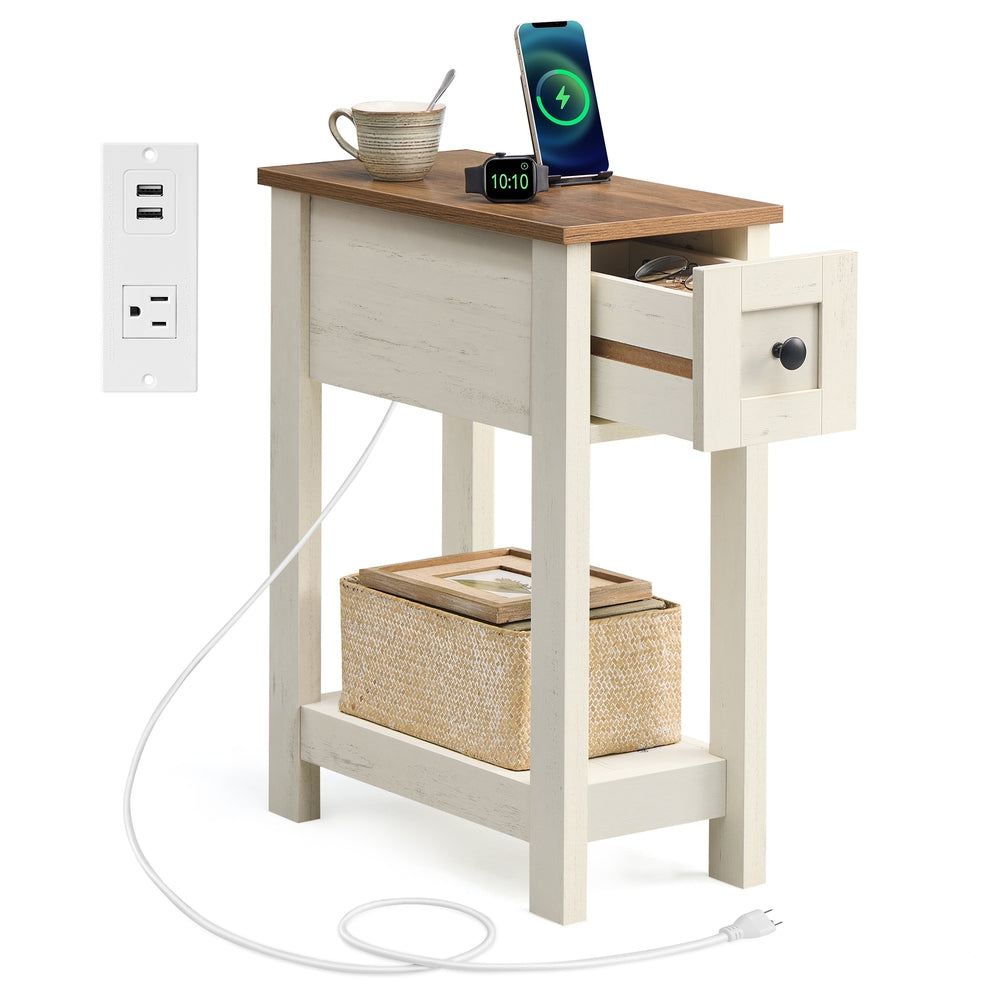 VASAGLE Farmhouse End Table with Storage Drawer, Honey Brown and Rustic White – Honey Brown, Rustic White