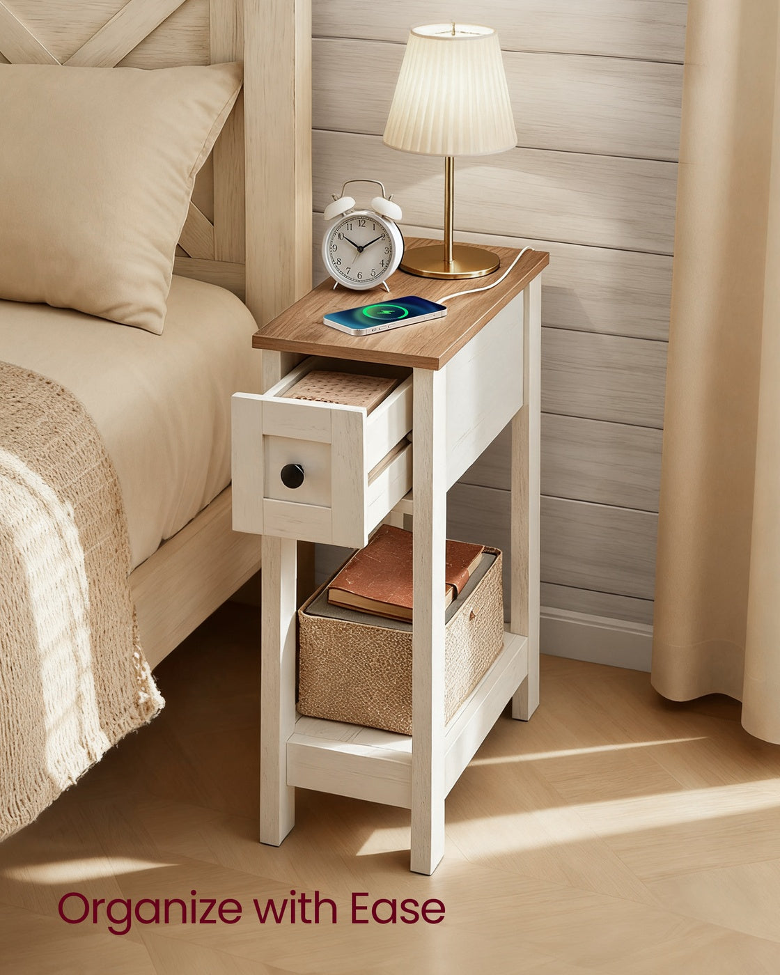 VASAGLE Farmhouse End Table with Storage Drawer, Honey Brown and Rustic White – Honey Brown, Rustic White