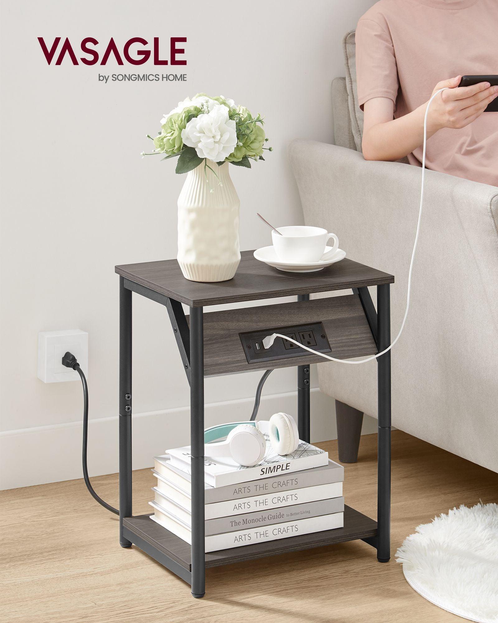 End Table with Charging Station Chestnut Brown and Black FredCo