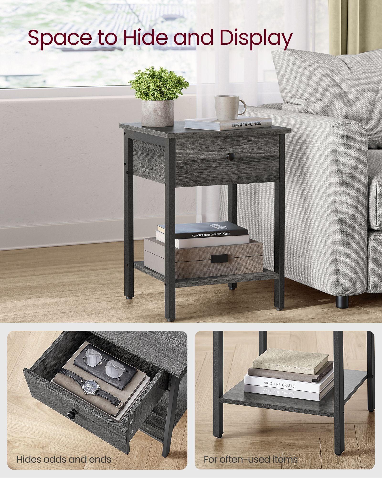 Set of 2 Nightstand with Drawer and Shelf Stone Gray and Black FredCo
