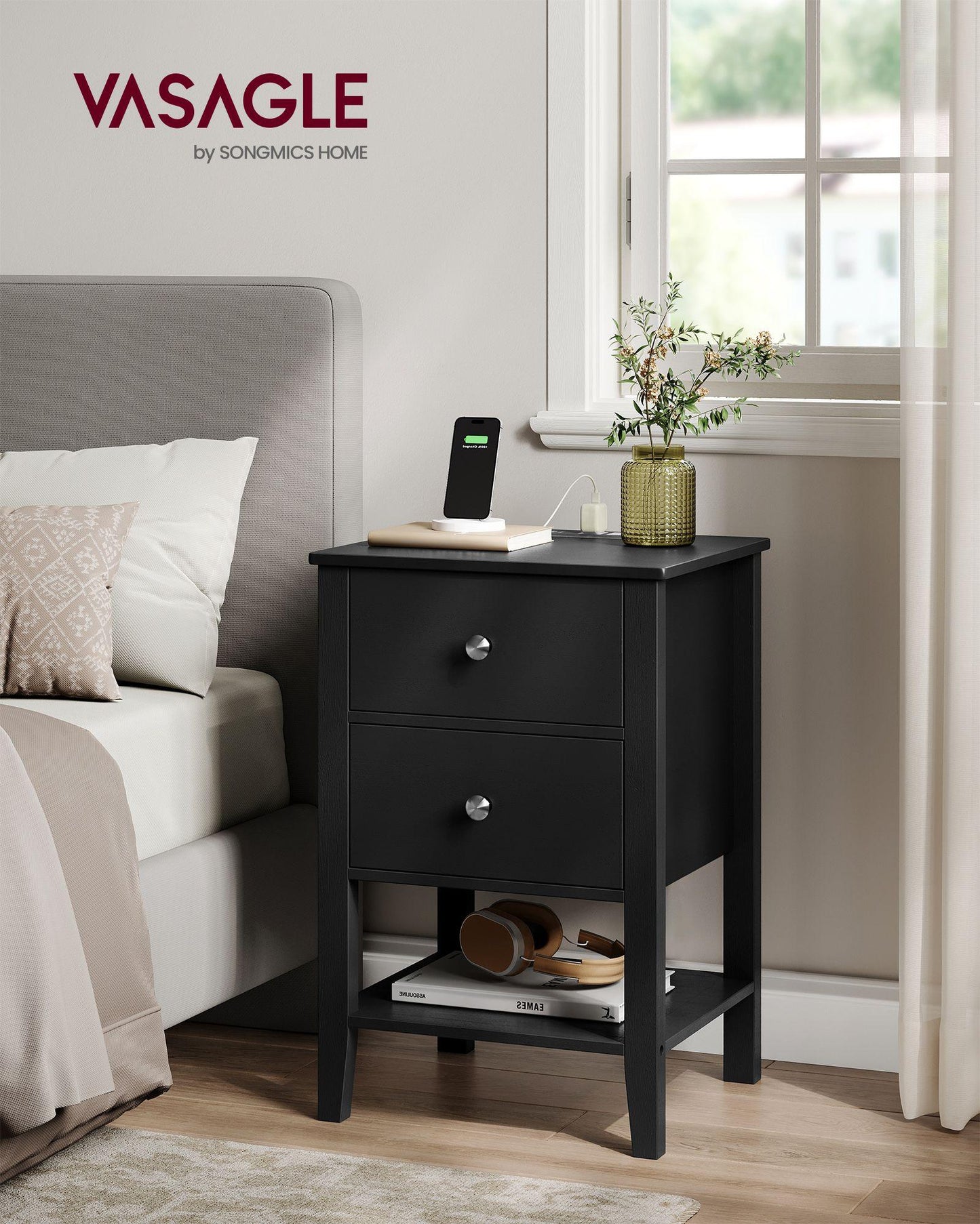Bamboo Nightstand with Charging Station Ink Black
