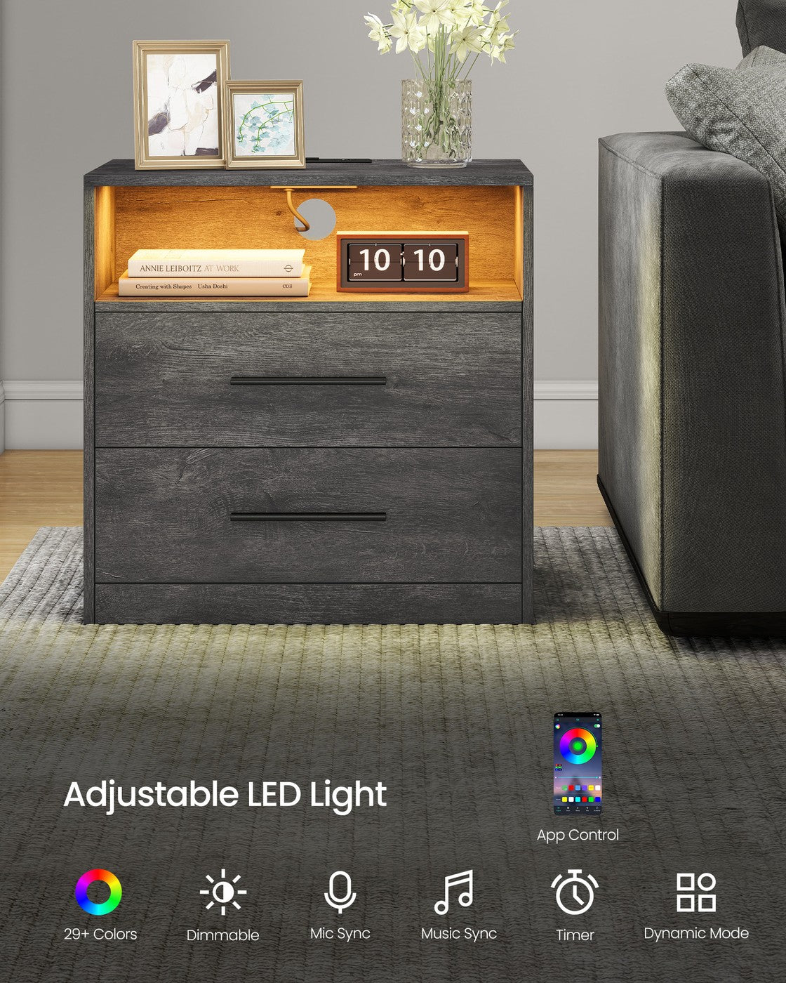 VASAGLE Custos Nightstand with Charging Station, LED Lights – Misty Gray