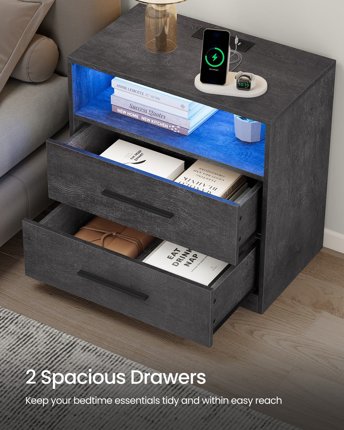 VASAGLE Custos Nightstand with Charging Station, LED Lights – Misty Gray