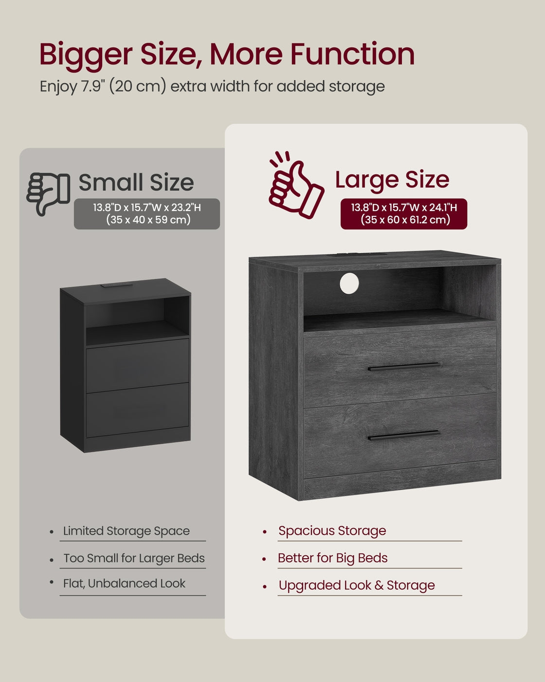 VASAGLE Custos Nightstand with Charging Station, LED Lights – Misty Gray