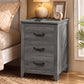 VASAGLE Farmhouse Nightstand with Charging Station, 3 Drawers Bedside Table – Misty Gray