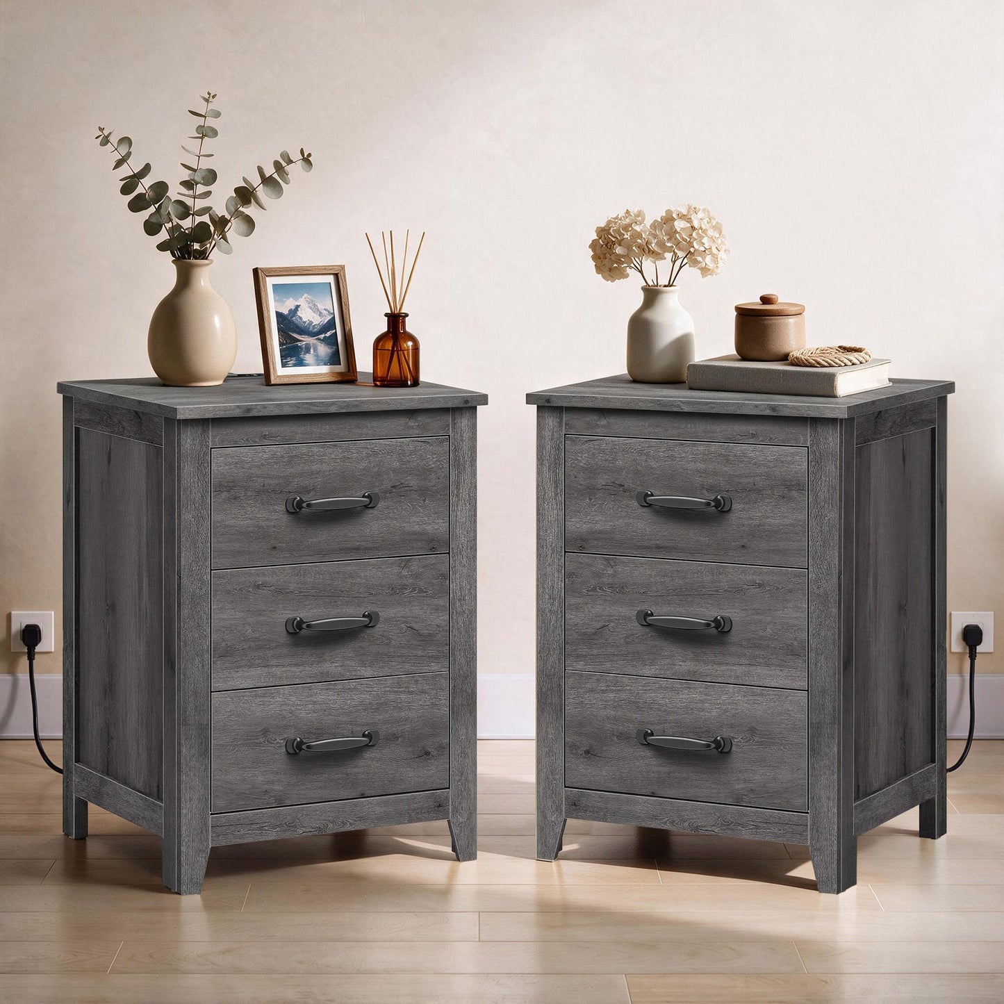 VASAGLE Farmhouse Nightstands Set of 2, with Charging Station – Misty Gray