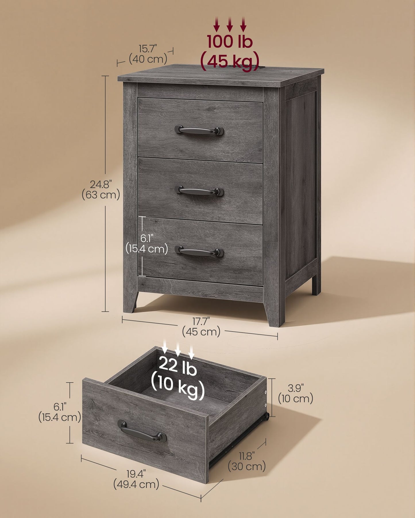 VASAGLE Farmhouse Nightstand with Charging Station, 3 Drawers Bedside Table – Misty Gray