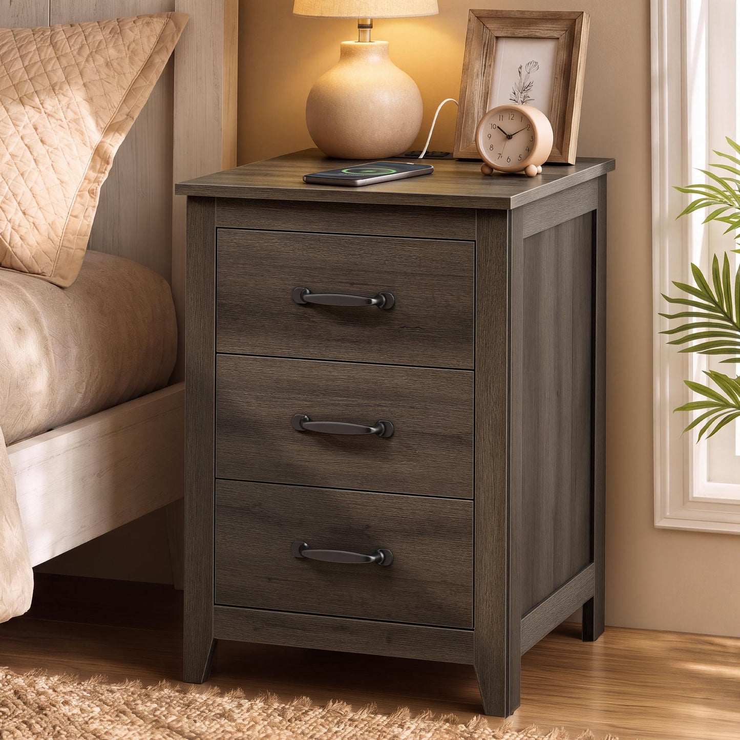 VASAGLE Farmhouse Nightstand with Charging Station, 3 Drawers Bedside Table – Taupe Brown