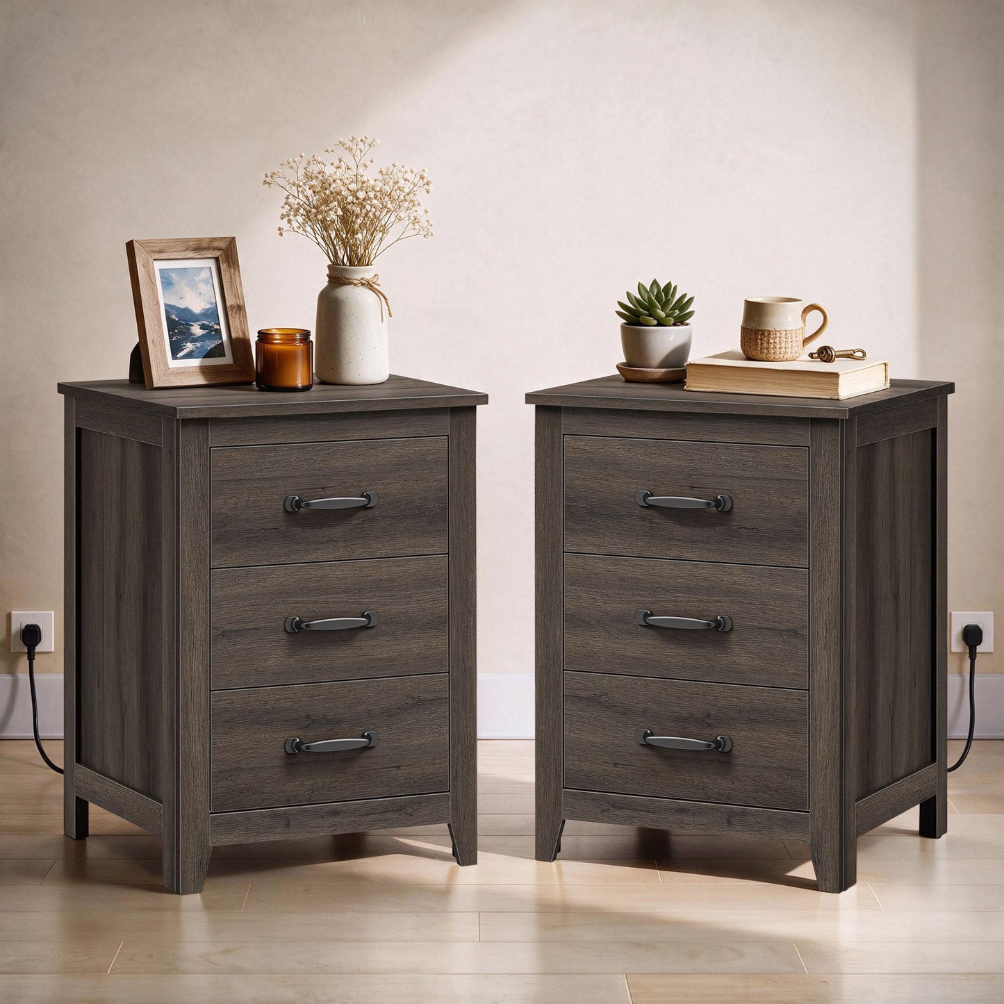 VASAGLE Farmhouse Nightstands Set of 2, with Charging Station – Taupe Brown