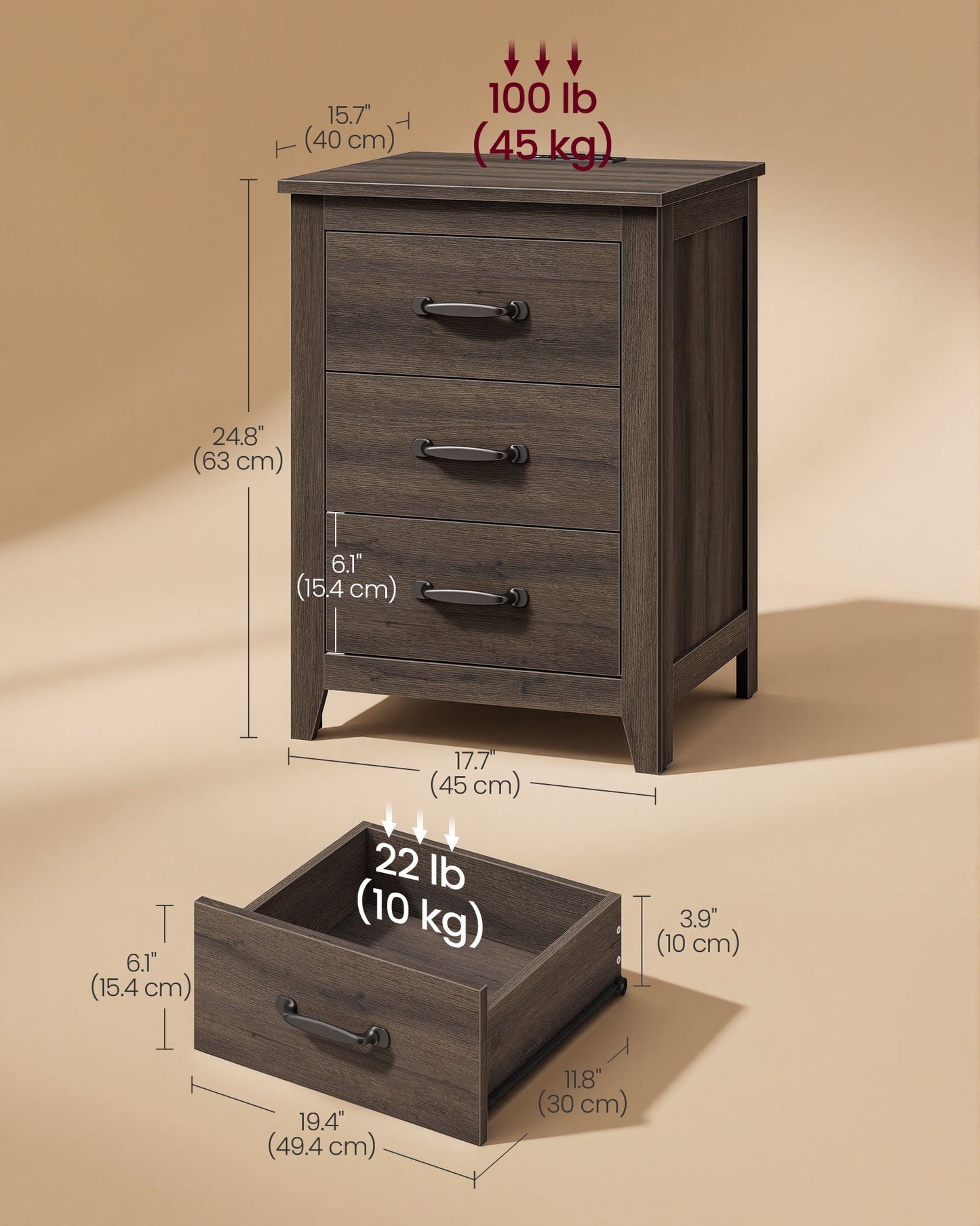 VASAGLE Farmhouse Nightstand with Charging Station, 3 Drawers Bedside Table – Taupe Brown