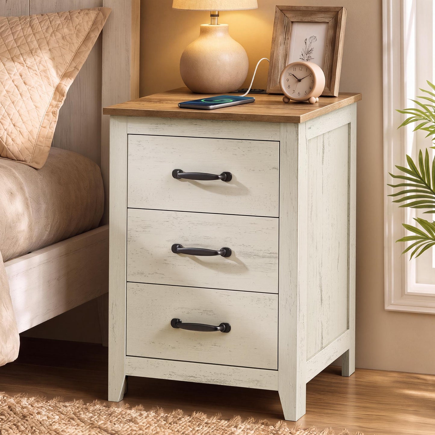VASAGLE Farmhouse Nightstand with Charging Station, 3 Drawers Bedside Table – Rustic White and Honey Brown