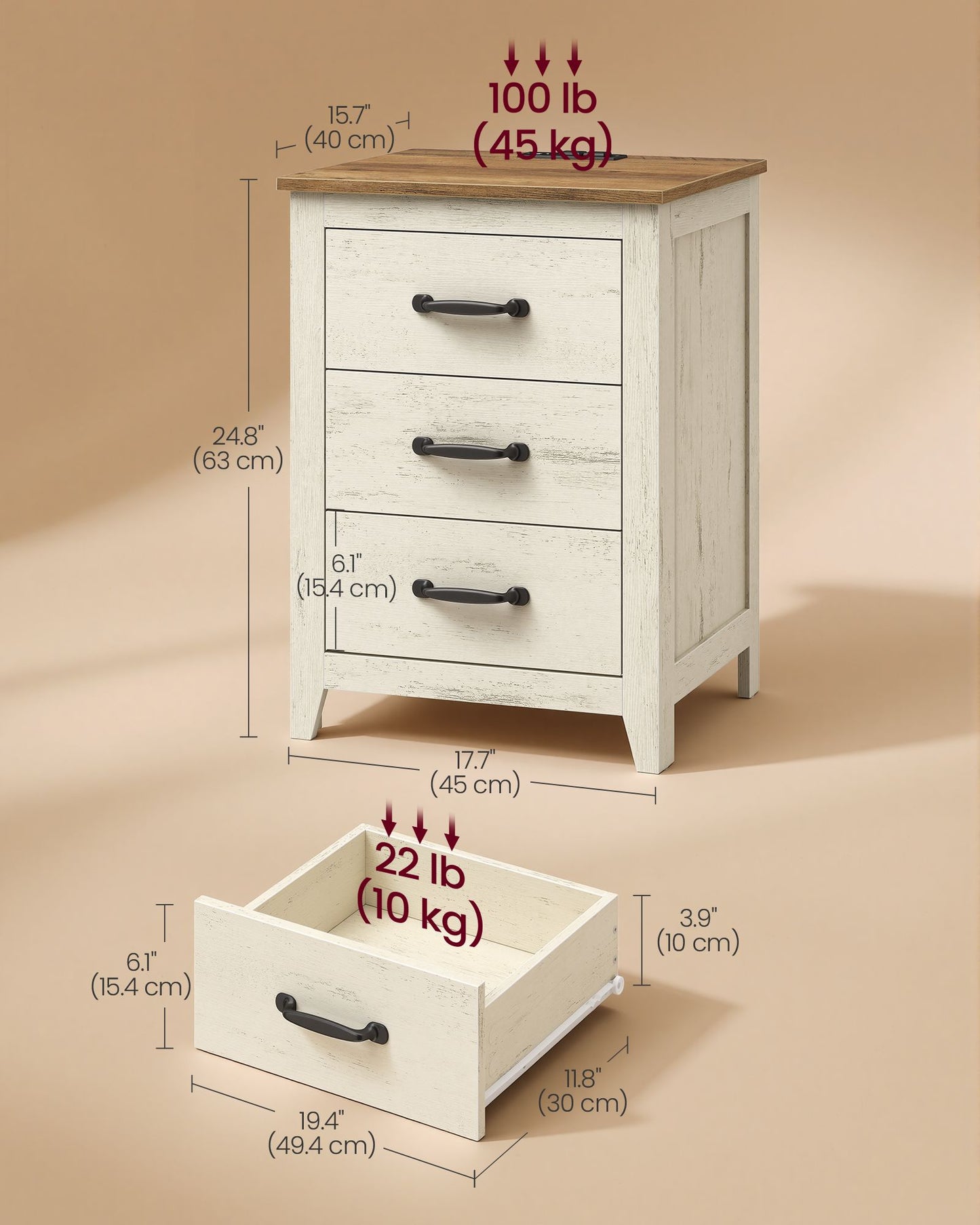 VASAGLE Farmhouse Nightstand with Charging Station, 3 Drawers Bedside Table – Rustic White and Honey Brown