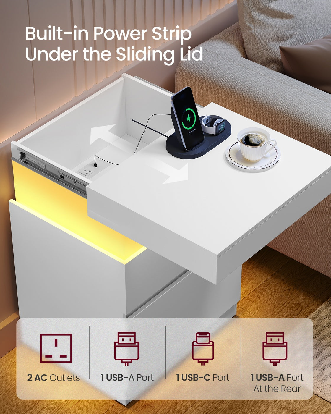 VASAGLE Kailyn Nightstand with Power Outlets, Sliding Lid | ULET650WB01S