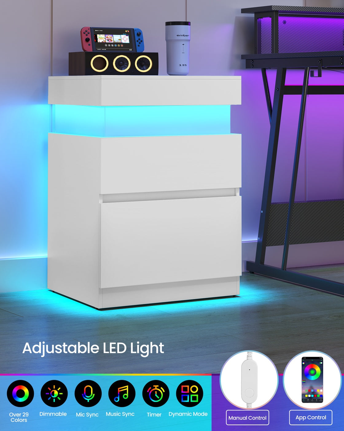VASAGLE Kailyn Nightstand with Power Outlets, Sliding Lid | ULET650WB01S