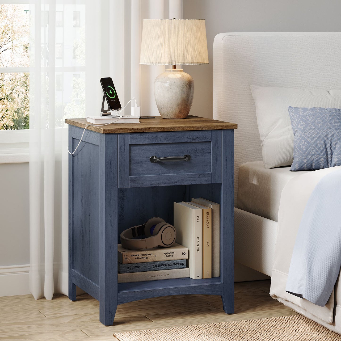 VASAGLE Liry Farmhouse Nightstand with Charging Station – Rustic Blue, Honey Brown