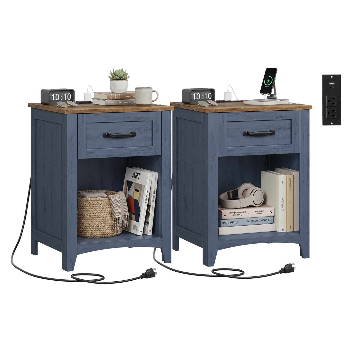 VASAGLE Liry Farmhouse Nightstands with Charging Station – Rustic Blue, Honey Brown
