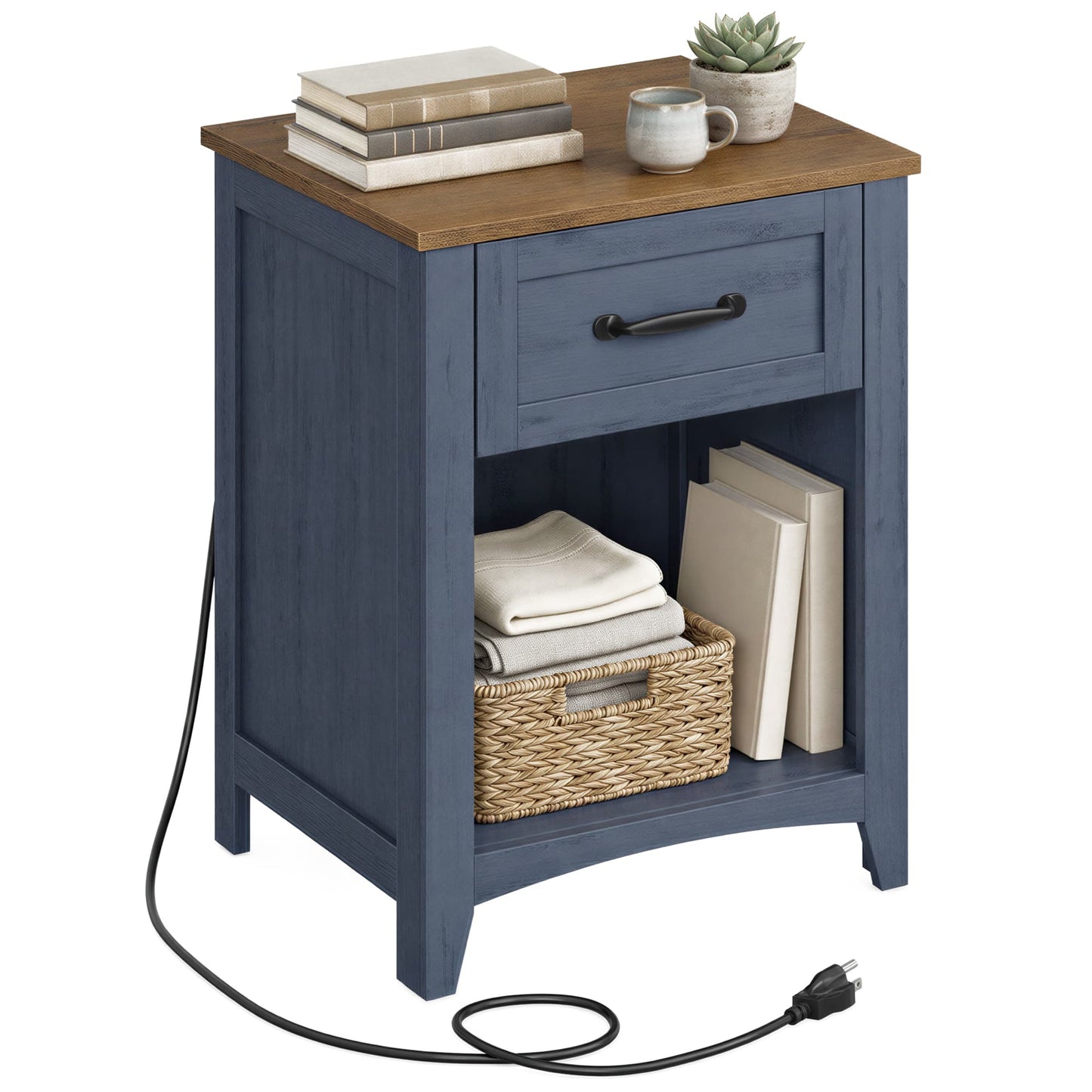 VASAGLE Liry Farmhouse Nightstand with Charging Station – Rustic Blue, Honey Brown