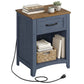 VASAGLE Liry Farmhouse Nightstand with Charging Station – Rustic Blue, Honey Brown
