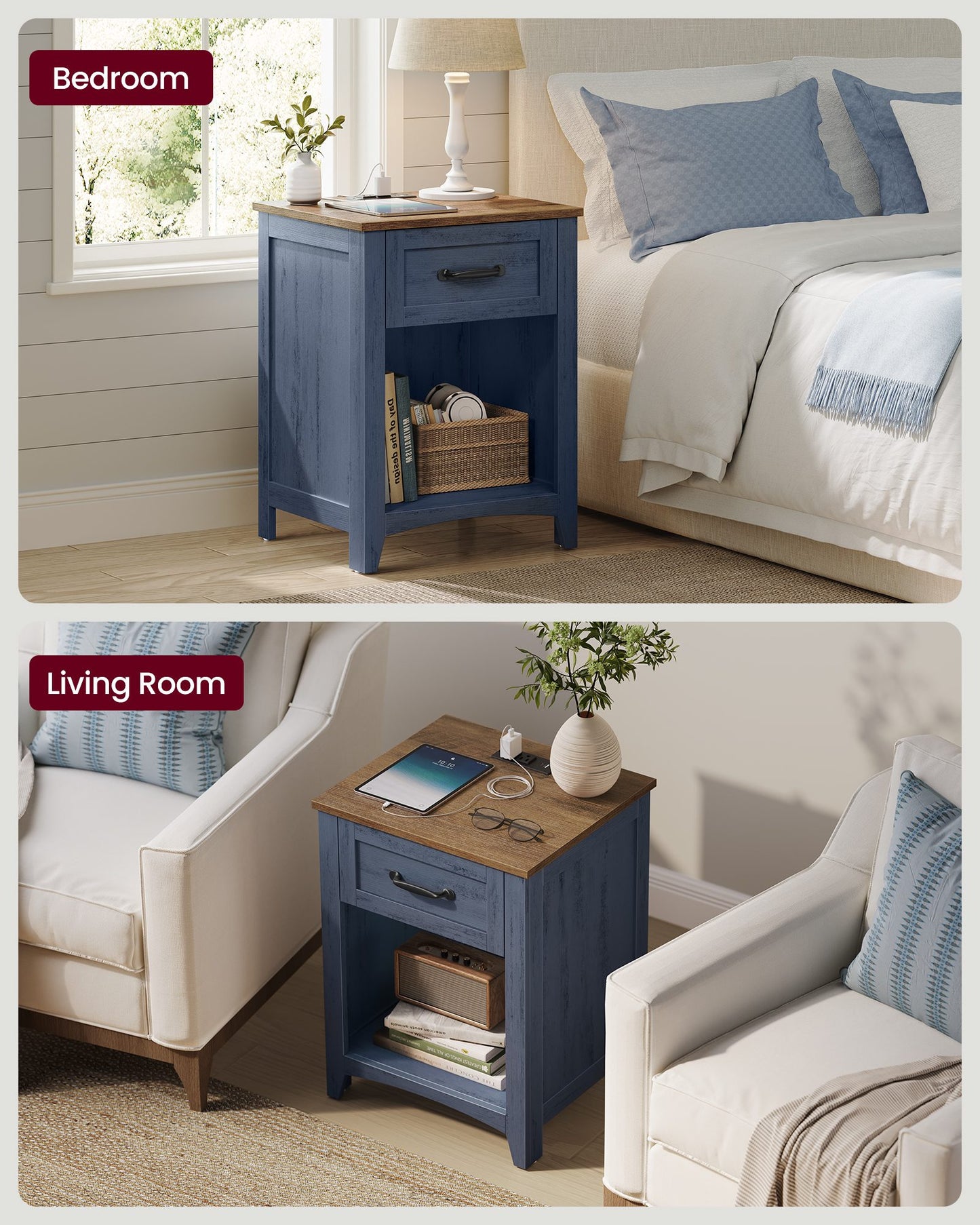 VASAGLE Liry Farmhouse Nightstand with Charging Station – Rustic Blue, Honey Brown