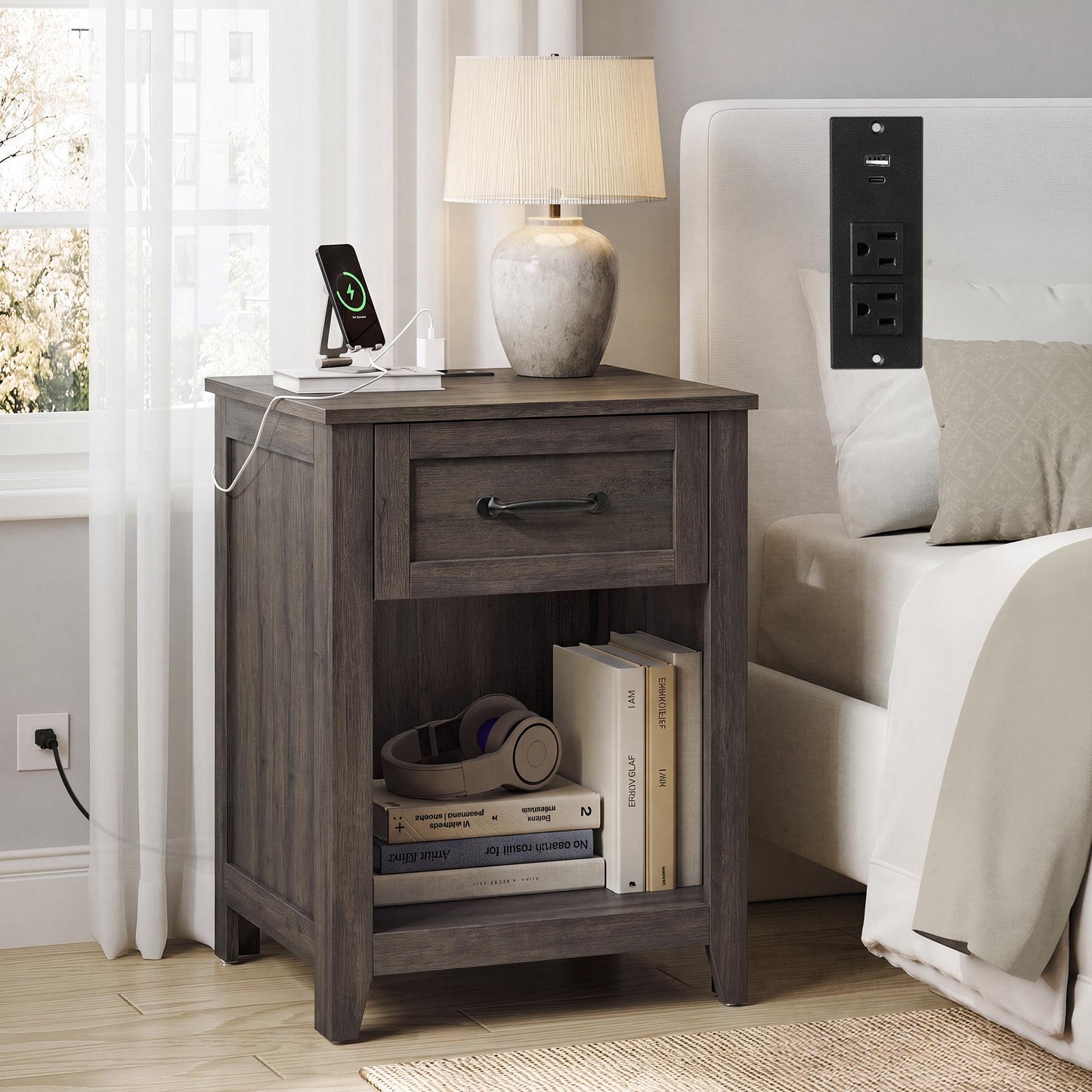 VASAGLE Farmhouse Nightstand with Charging Station, Drawer Bedside Table – Taupe Brown