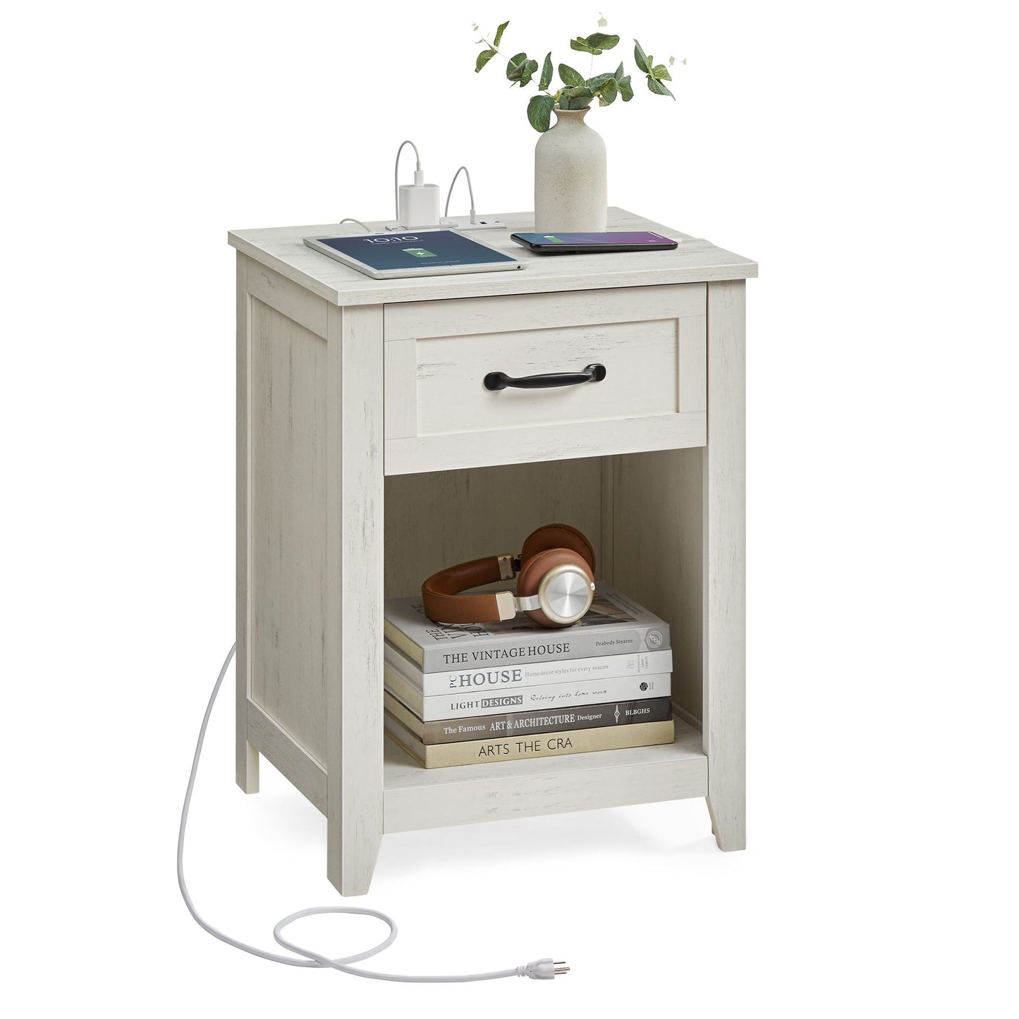 VASAGLE Farmhouse Wood Nightstands with Charging Station End Table with Storage Drawer – Cloud White