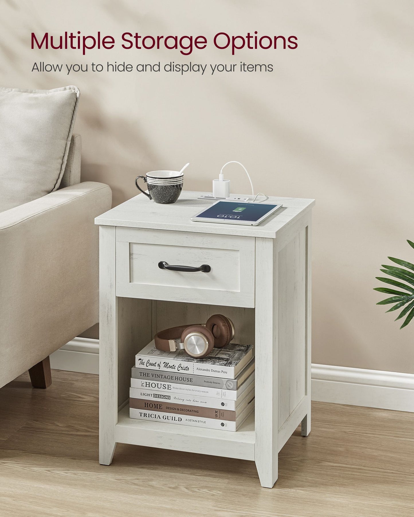 VASAGLE Farmhouse Wood Nightstands with Charging Station End Table with Storage Drawer – Cloud White