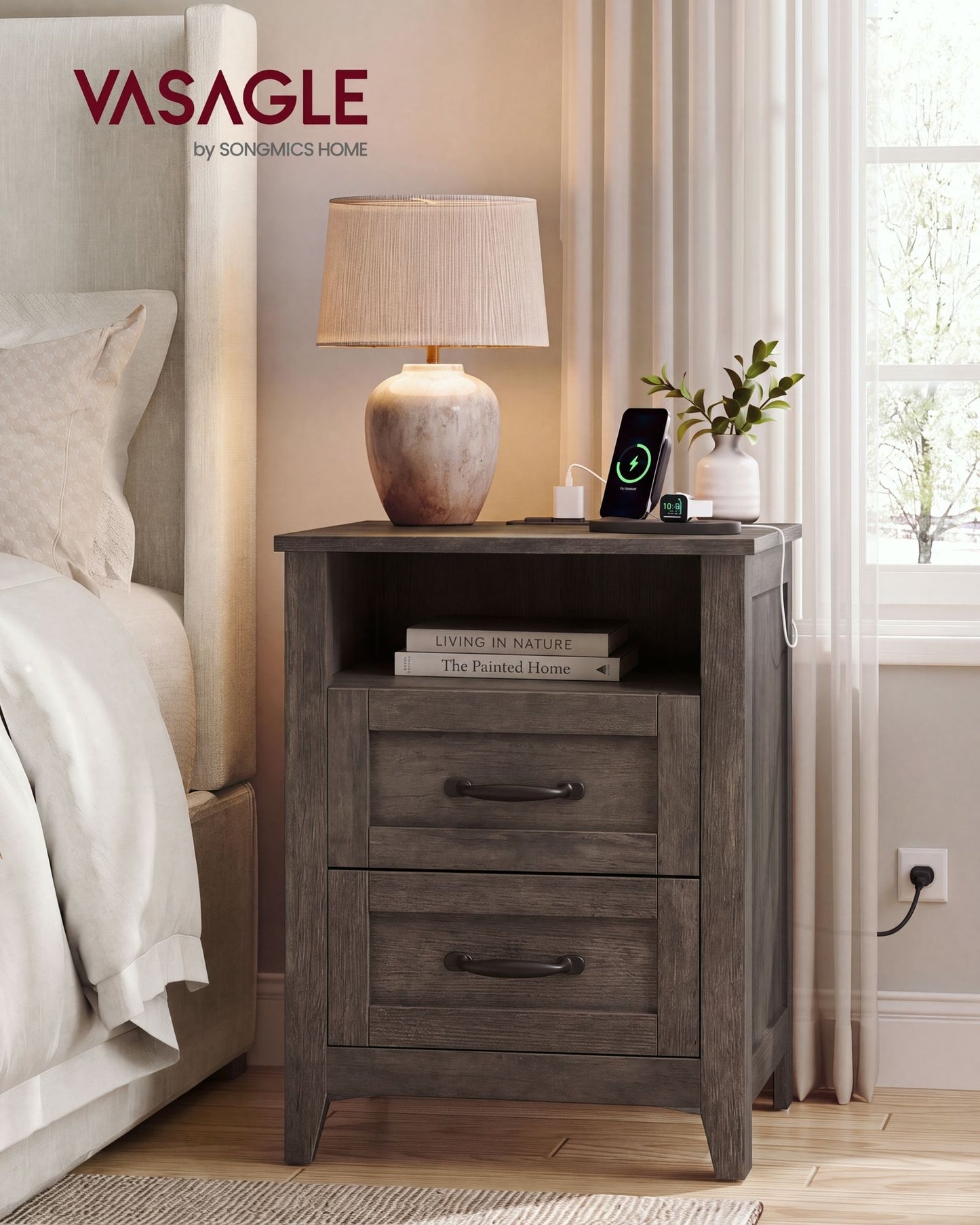 VASAGLE Farmhouse Nightstand with Charging Station, 2 Drawers Bedside Table – Taupe Brown