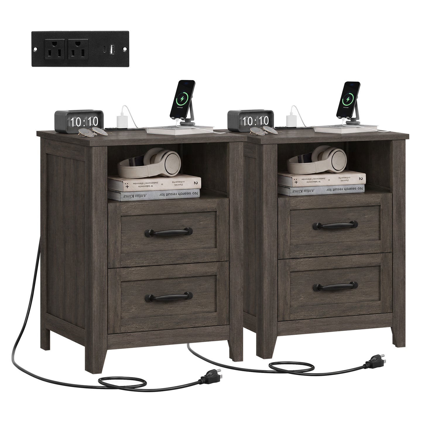 VASAGLE Set of 2 Nightstands with 2 Drawers and Charging Station Bedside Table – Taupe Brown