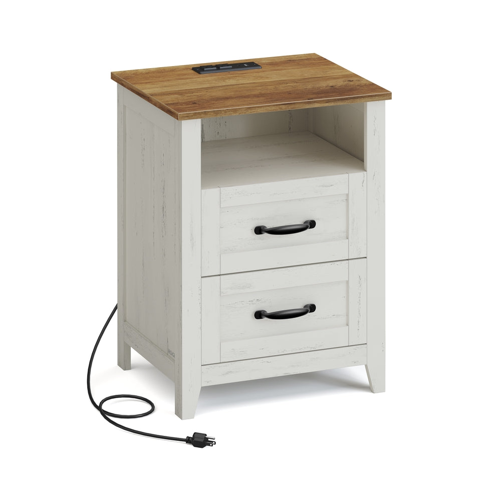 VASAGLE Liry Farmhouse Nightstand with Charging Station – Rustic White, Honey Brown – 15.7"D x 17.7"W x 23.6"H