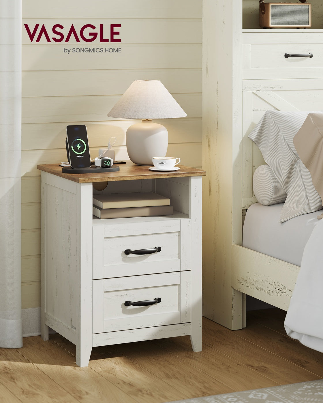 VASAGLE Liry Farmhouse Nightstand with Charging Station – Rustic White, Honey Brown – 15.7"D x 17.7"W x 23.6"H