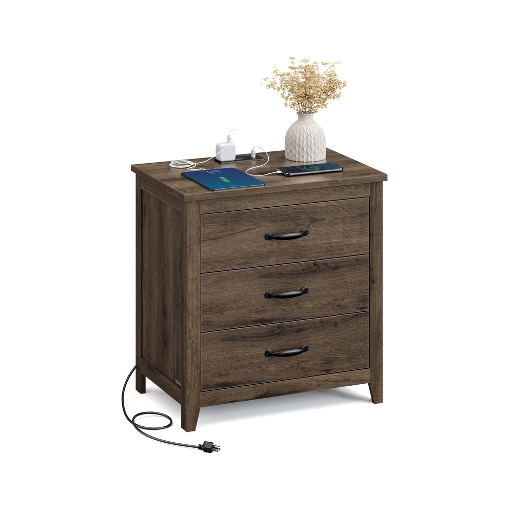 VASAGLE Liry Farmhouse Nightstand with Charging Station – Taupe Brown