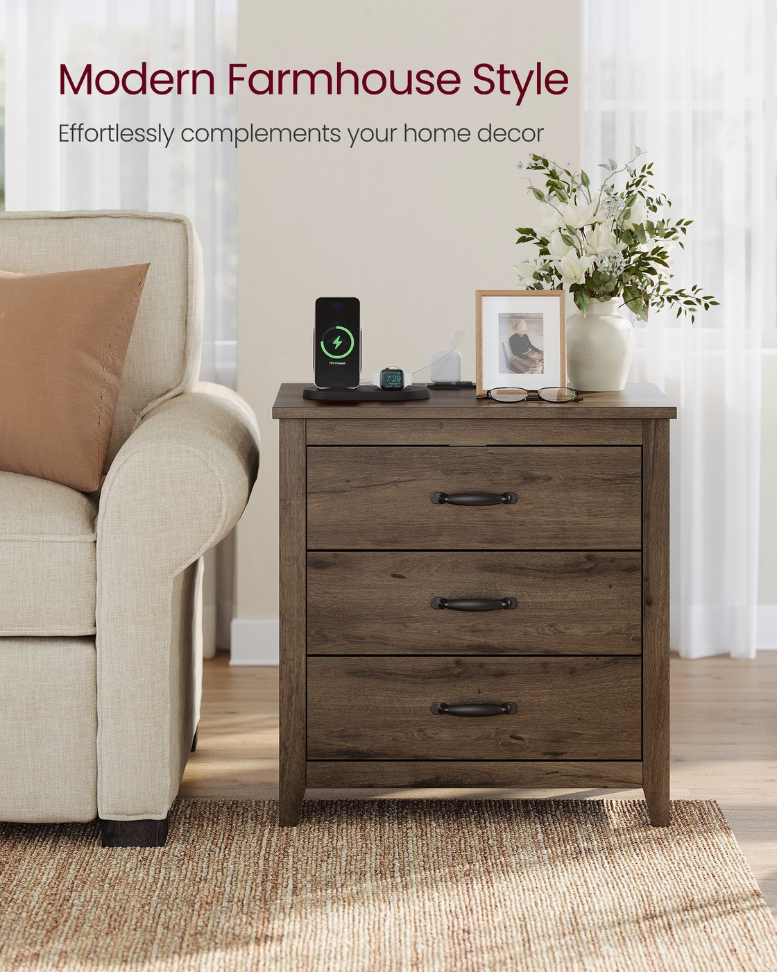 VASAGLE Liry Farmhouse Nightstand with Charging Station – Taupe Brown