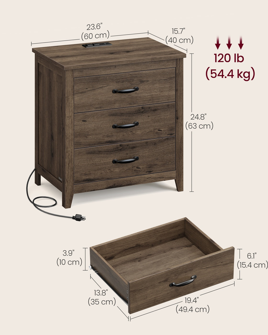 VASAGLE Liry Farmhouse Nightstand with Charging Station – Taupe Brown