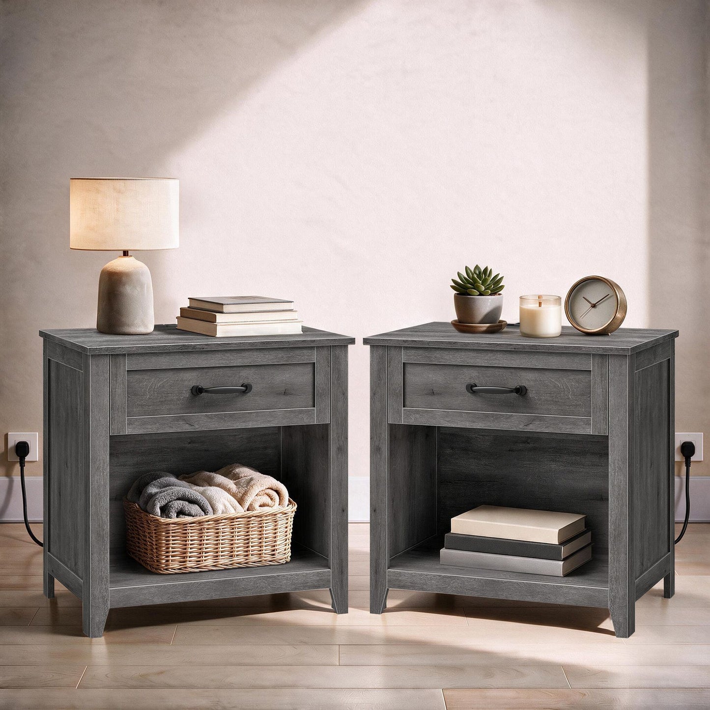 VASAGLE 23.6 Inch Farmhouse Nightstands Set 2, Charging Station – Misty Gray
