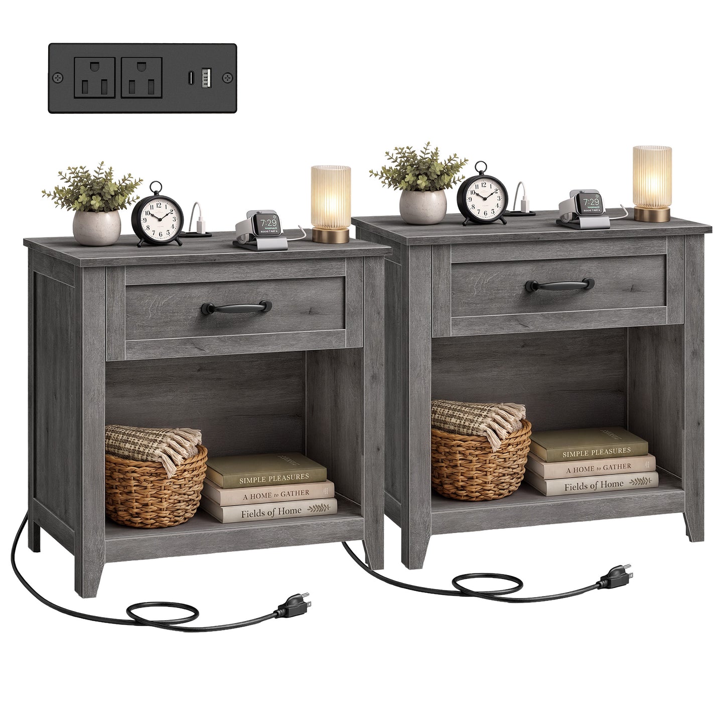 VASAGLE 23.6 Inch Farmhouse Nightstands Set 2, Charging Station – Misty Gray