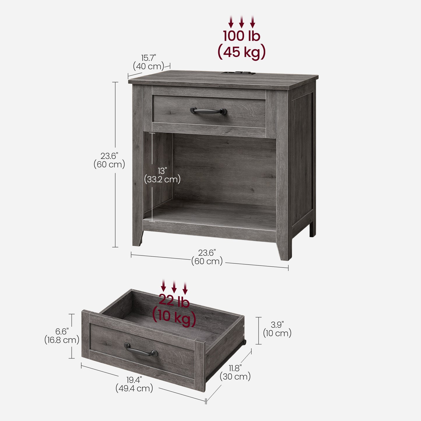 VASAGLE 23.6 Inch Farmhouse Nightstands Set 2, Charging Station – Misty Gray