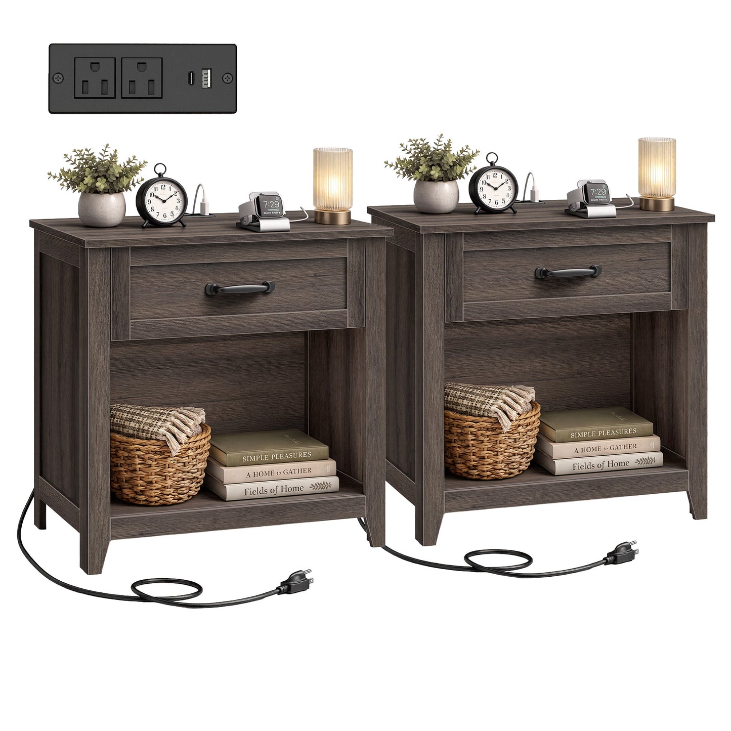 VASAGLE 23.6 Inch Farmhouse Nightstands Set 2, Charging Station – Taupe Brown