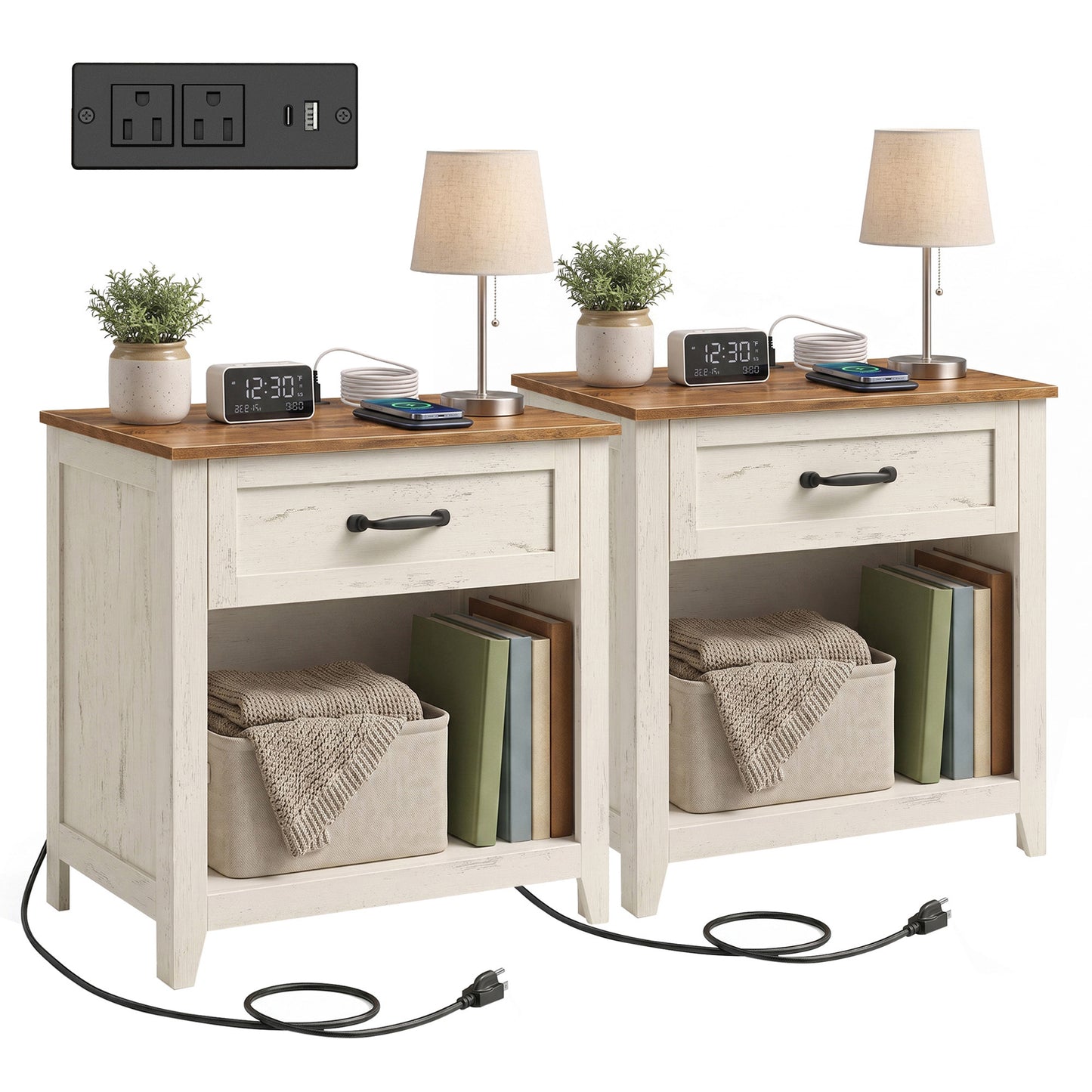 VASAGLE 23.6 Inch Farmhouse Nightstands Set 2, Charging Station – Rustic White and Honey Brown
