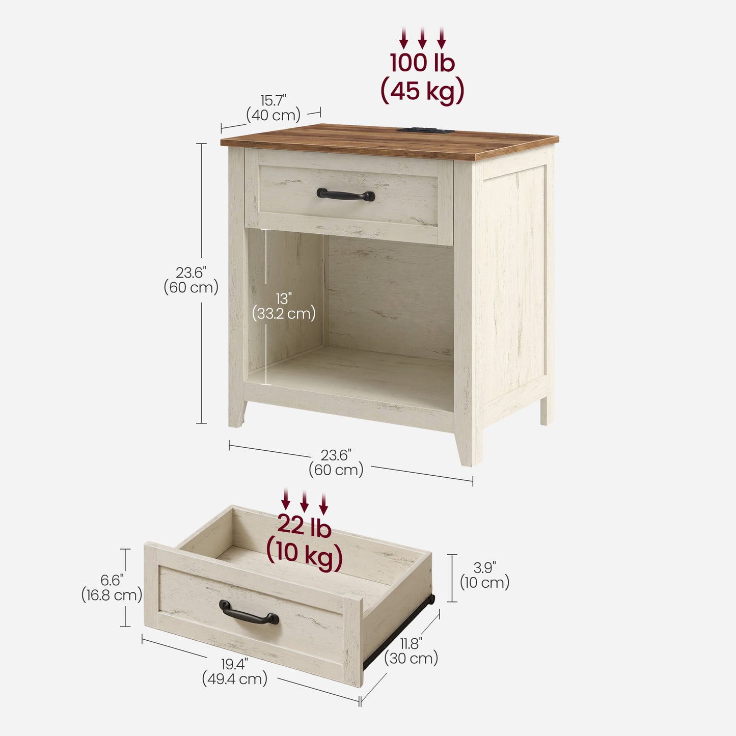 VASAGLE 23.6 Inch Farmhouse Nightstands Set 2, Charging Station – Rustic White and Honey Brown