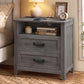 VASAGLE Farmhouse Nightstand with Charging Station, 2 Drawers, Open Shelf Bedside Table – Misty Gray